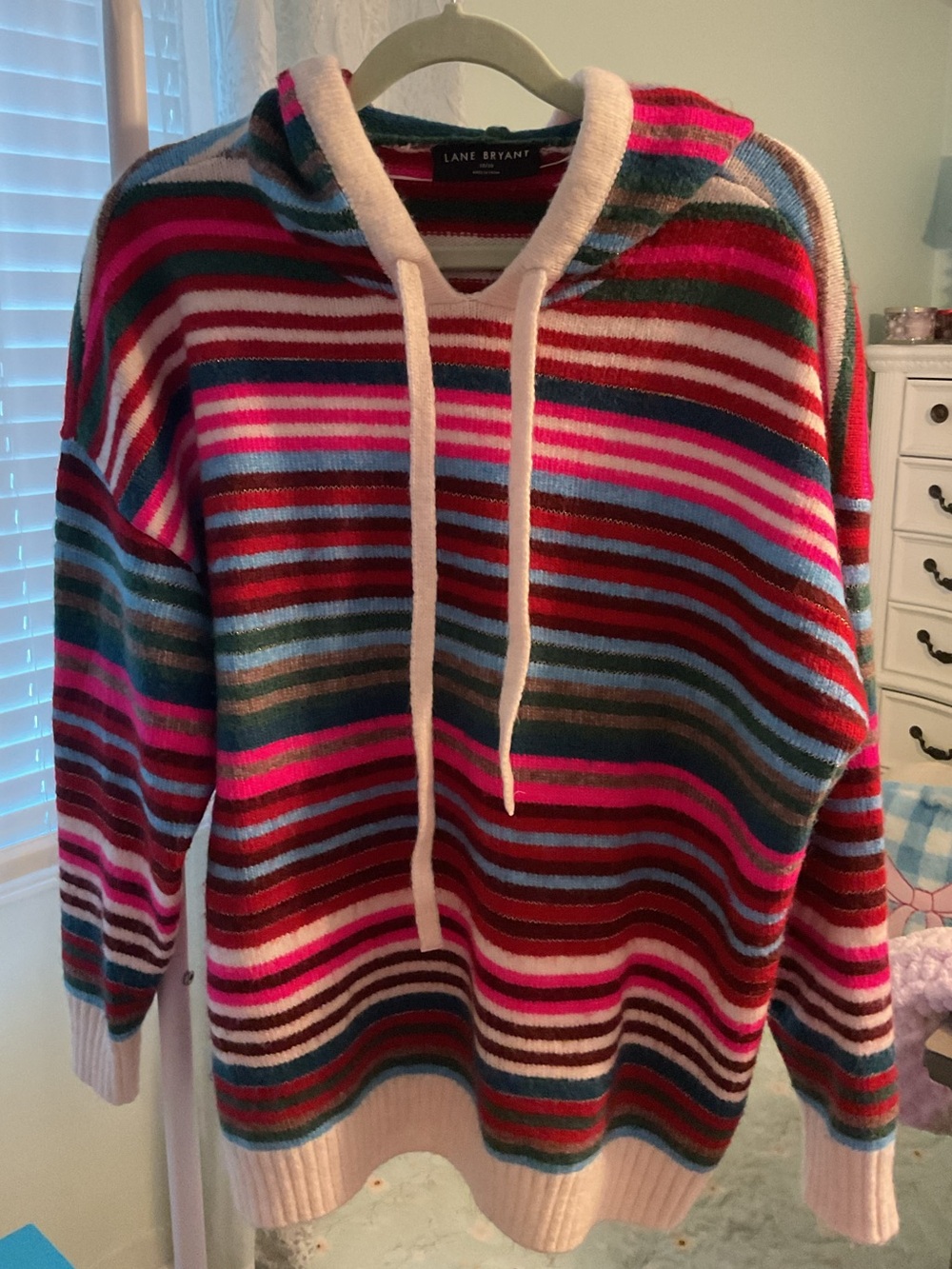 Lane Bryant Striped Hoodie Sweater in Pink, Red, Blue & Green